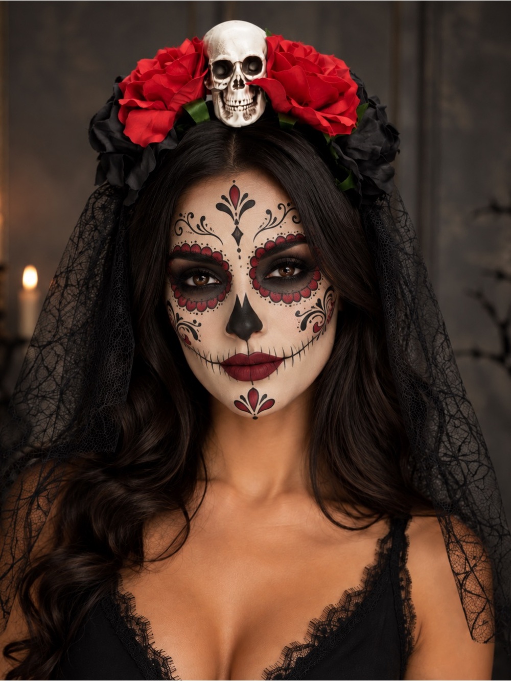 Day of the Dead Skull & Rose Headband with Shoulder-Length Lace Veil